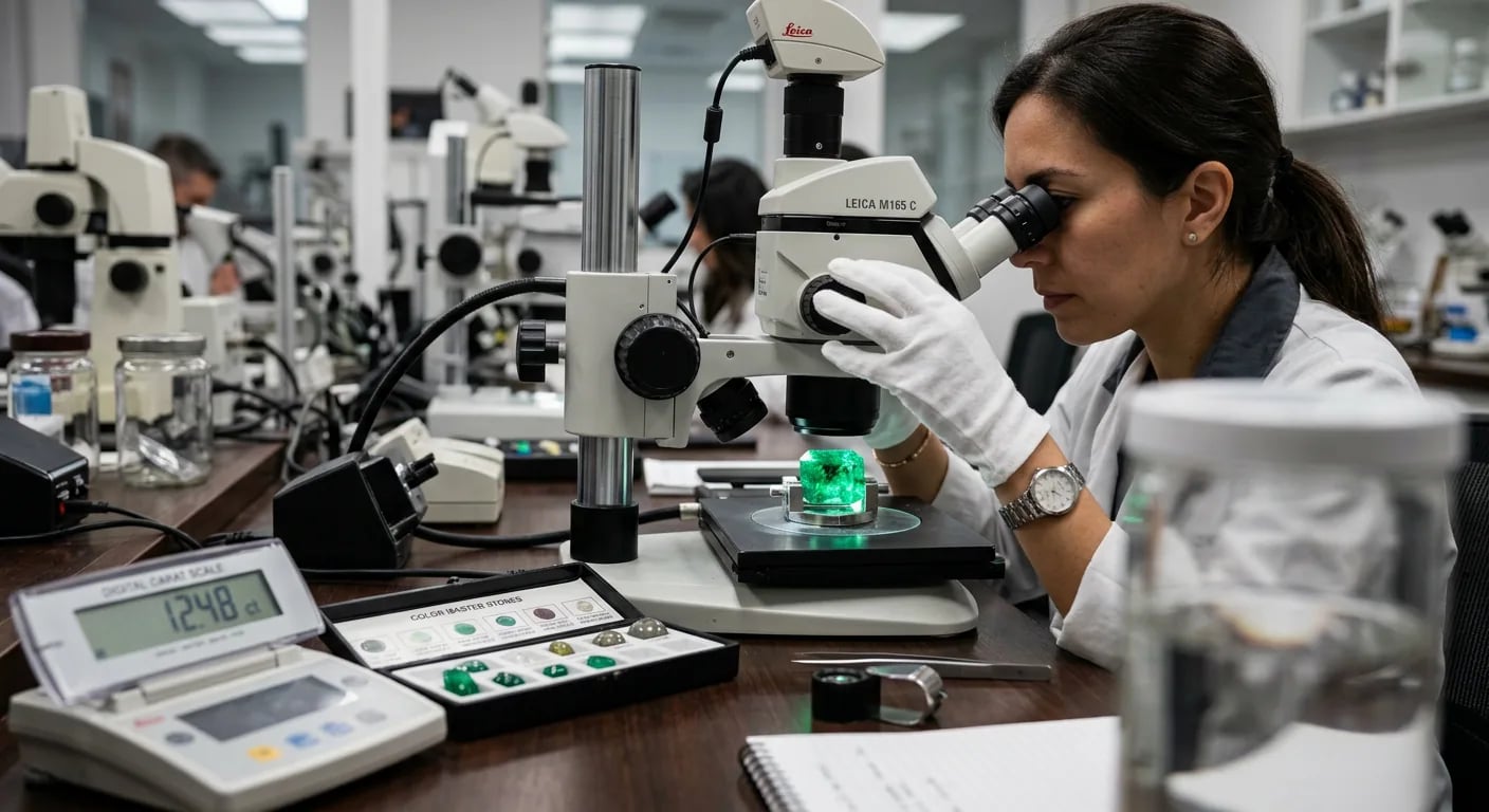 A master jeweler examining a large emerald precious stone gem under a microscope, illustrating the factors of gemstone value.
