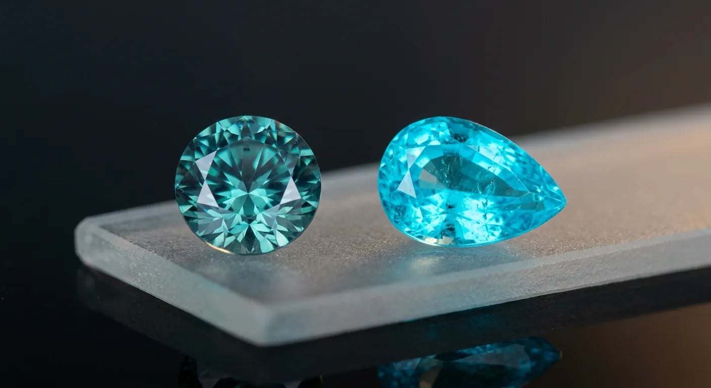 A round brilliant and a pear-cut gemstone in neon blue-green, side by side on a frosted glass slab under directional light.