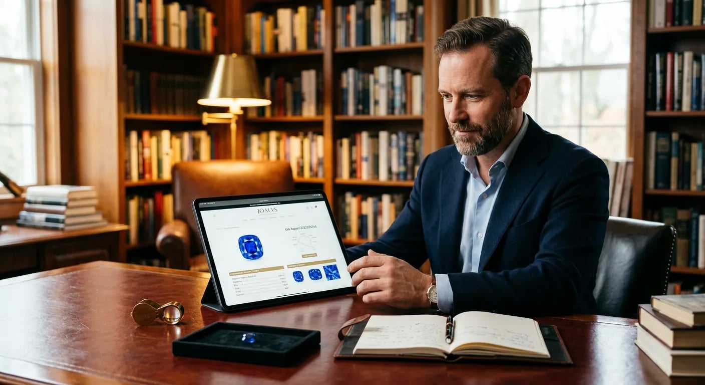 A person using a tablet to view a GIA report for a precious stone gem on a luxury jewelry website.