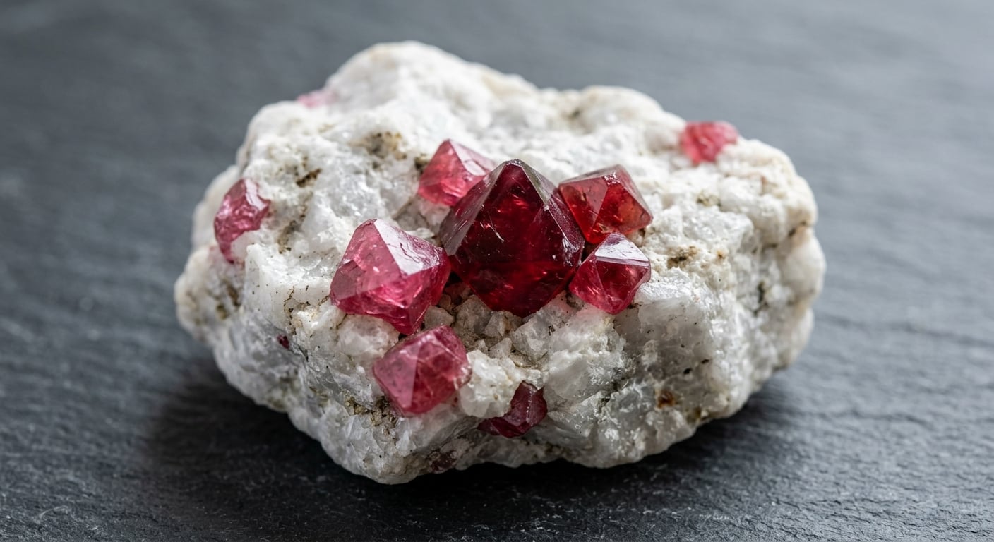 Natural octahedral red spinel crystals embedded in white marble host rock from Myanmar