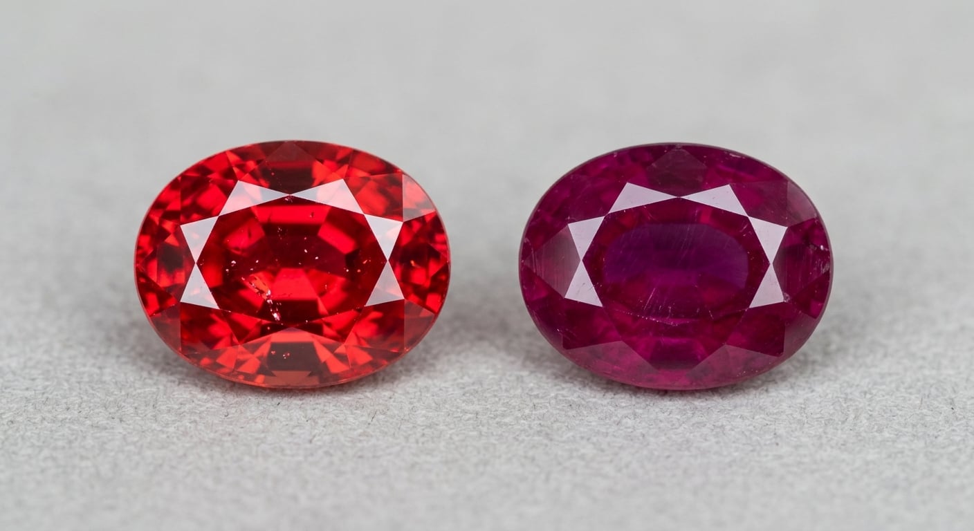 Two oval-cut gemstones side by side comparing red spinel brilliance with ruby color depth