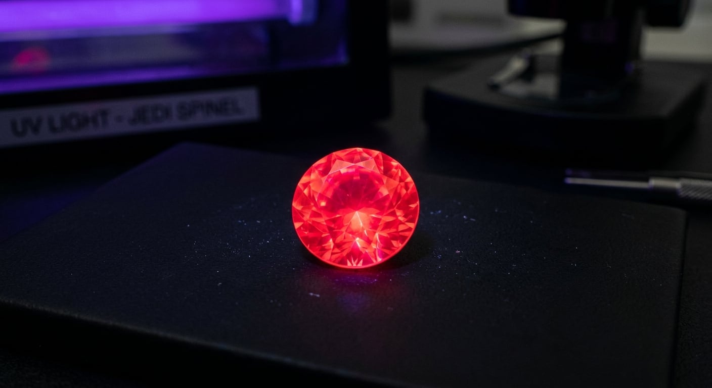 Rare Jedi red spinel gemstone glowing with intense neon fluorescence under ultraviolet light
