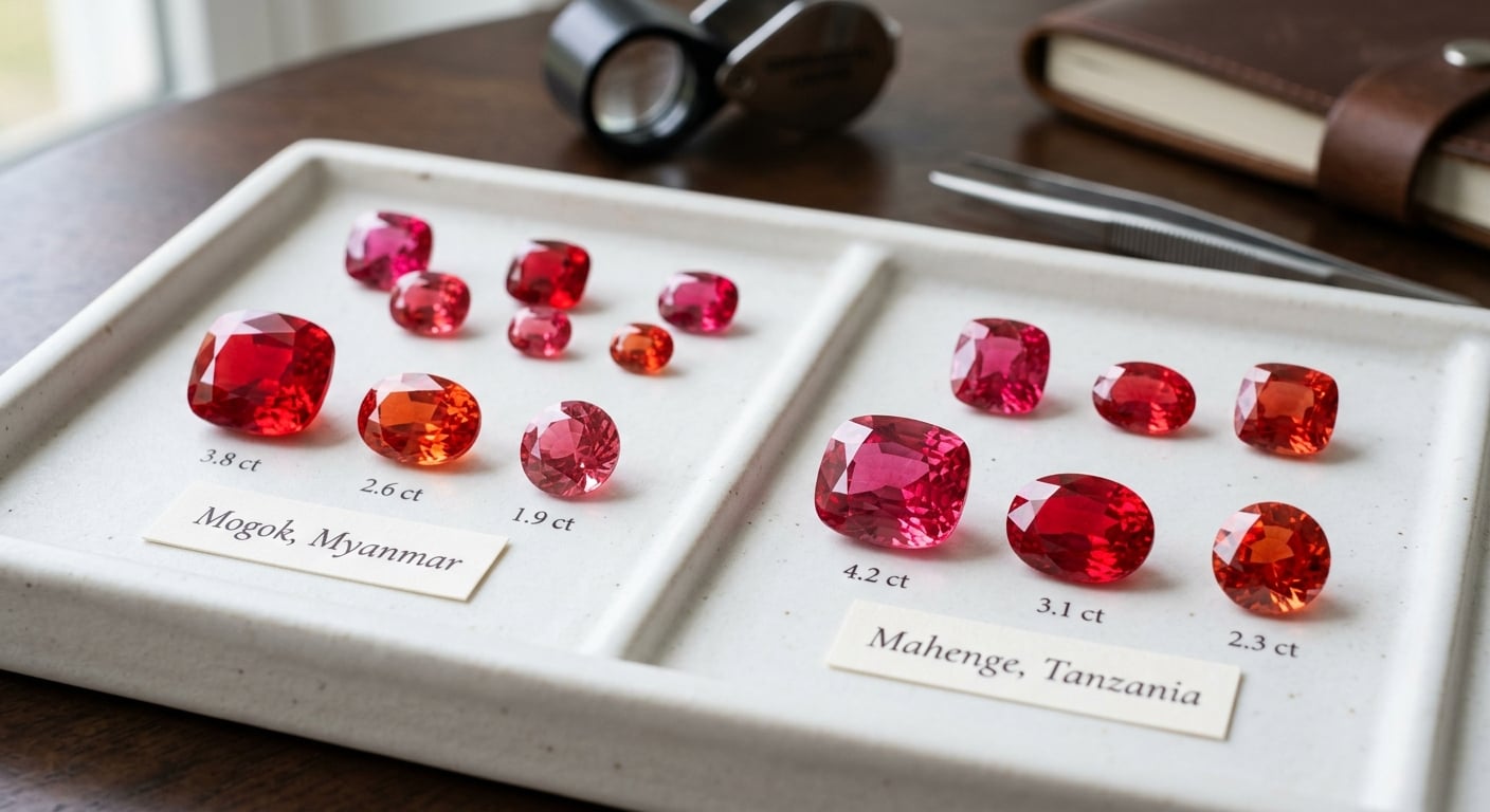 Collection of loose red spinel gemstones in various cuts representing Mogok Myanmar and Mahenge Tanzania origins