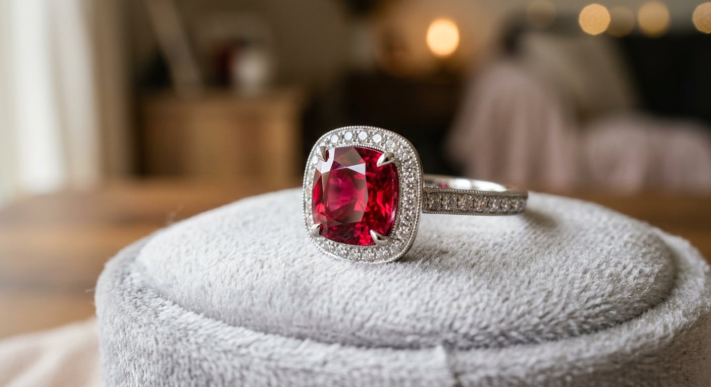 Bespoke platinum engagement ring featuring central cushion-cut red spinel with diamond halo and accents
