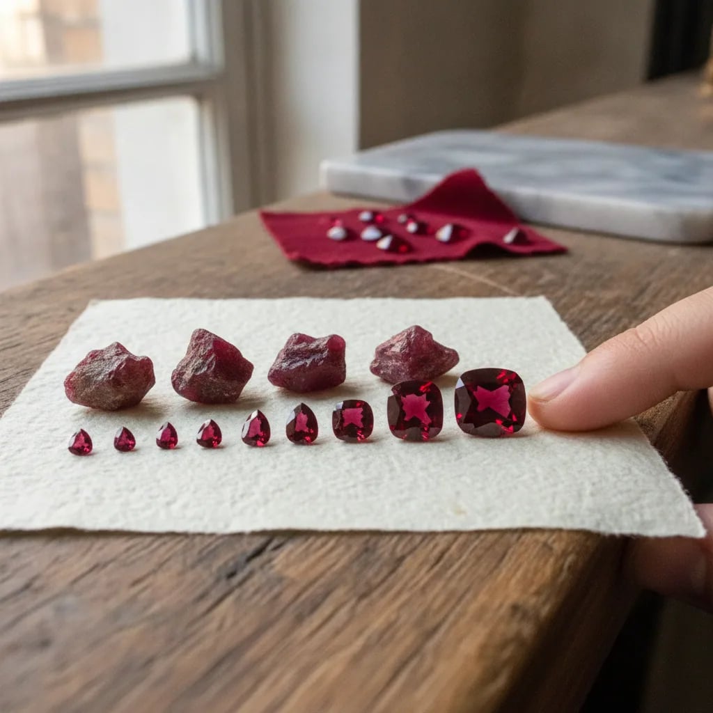 Red spinel rough beside a graduated row of cut stones