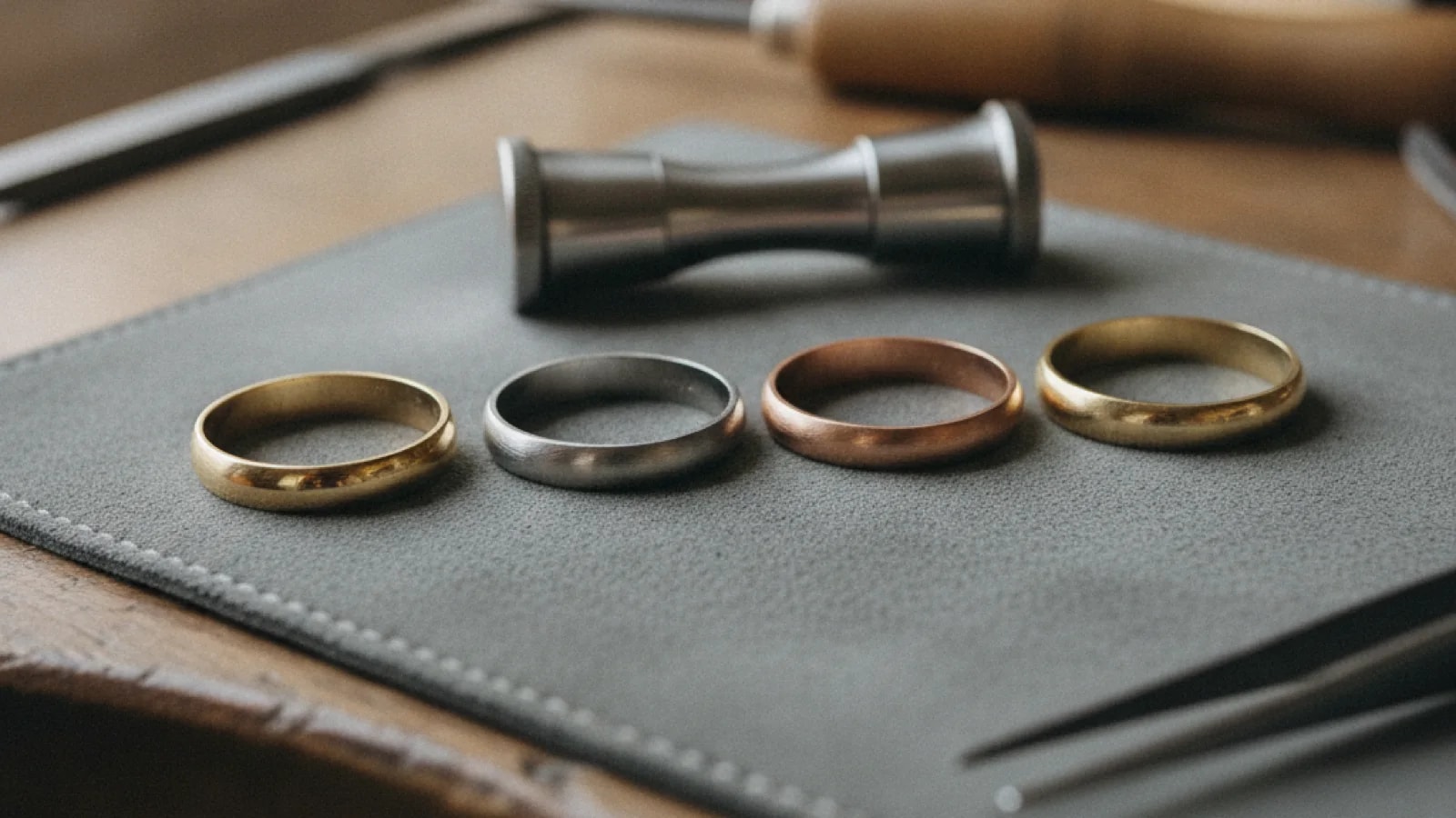Four plain gold wedding bands in yellow, white and rose gold laid on a grey suede bench pad beside a ring mandrel and jeweller's tweezers