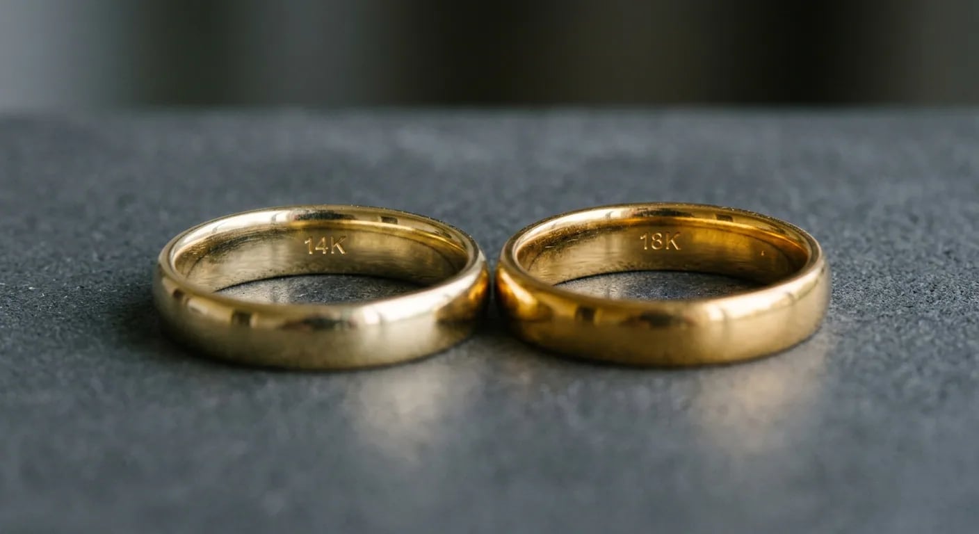 Two gold wedding bands side by side on a grey surface, stamped 14K and 18K, the 18k band visibly deeper in colour