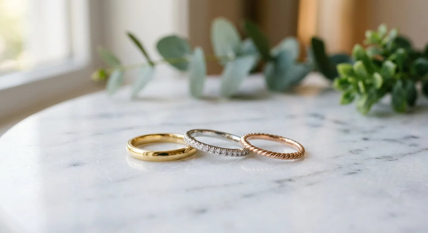 Three thin gold bands resting on a marble surface: a plain yellow gold band, a white gold band set with small pave diamonds, and a twisted rope band in rose gold