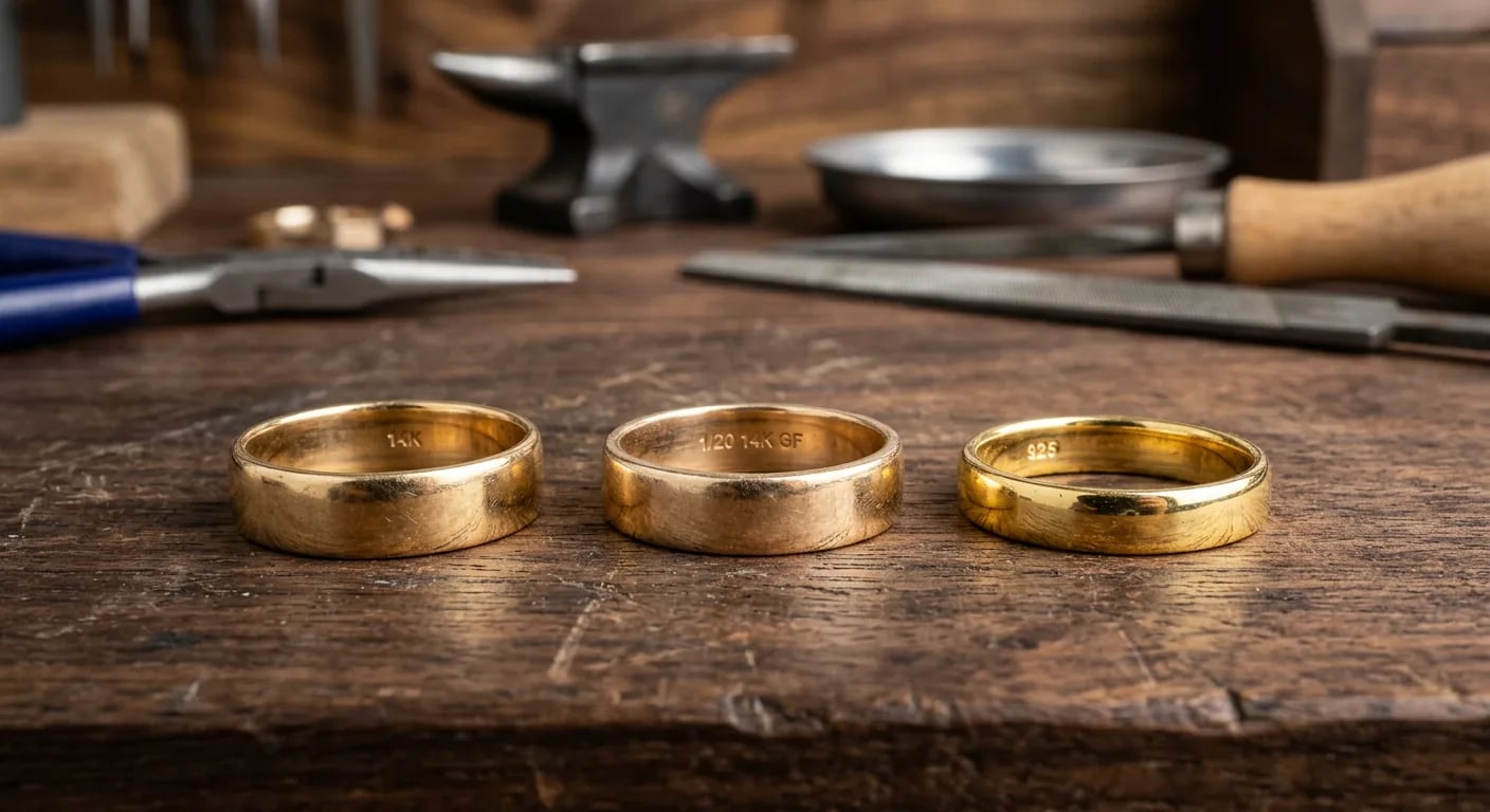 Three gold coloured bands on a jeweller's bench, stamped 14K, 1/20 14K GF and 925, showing how solid gold, gold filled and a sterling silver base look almost identical from outside