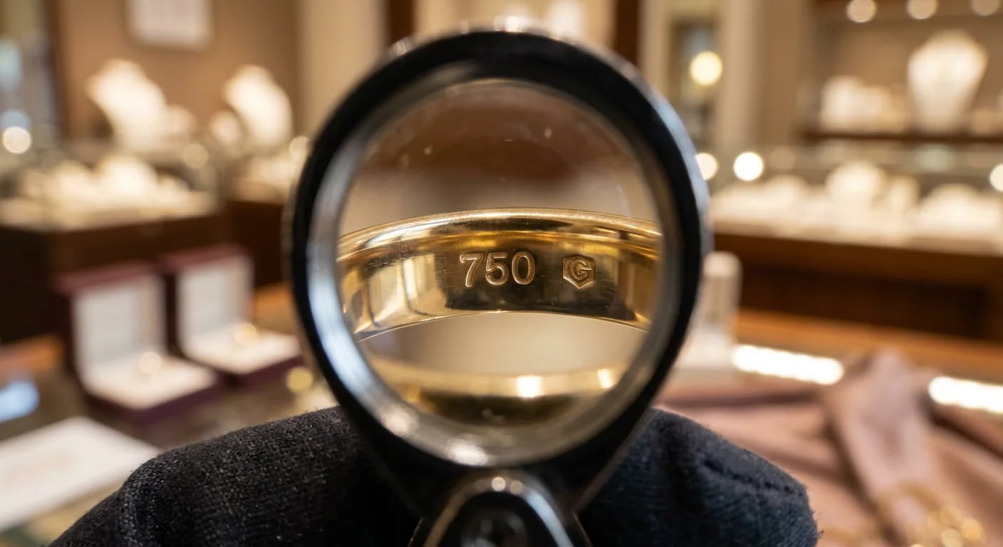 A jeweller's loupe held over the inside shank of a yellow gold band, magnifying a 750 hallmark stamp next to a maker's mark