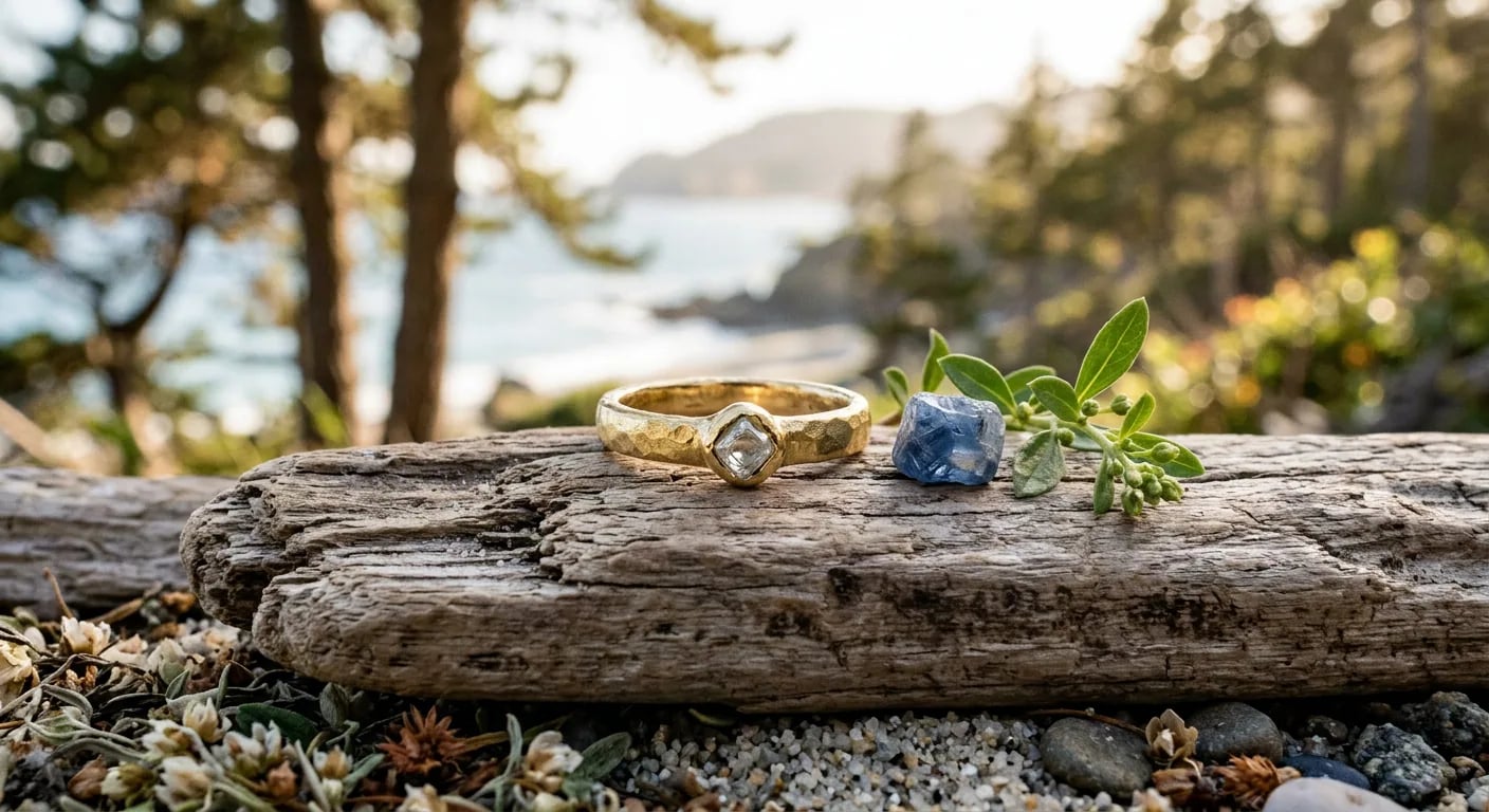 A hammered yellow gold ring set with a pale step cut stone, resting on driftwood beside a rough blue sapphire crystal, with a wooded coastline behind