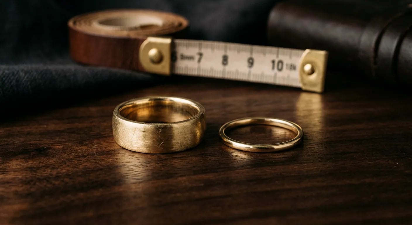 Wide gold wedding band compared to a standard band, showing why wider rings need a larger size for the same finger