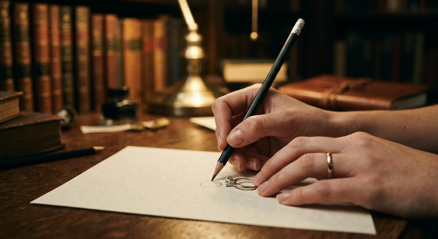 Hand discreetly tracing the inside of a borrowed ring on paper, demonstrating how to find a partner's ring size secretly