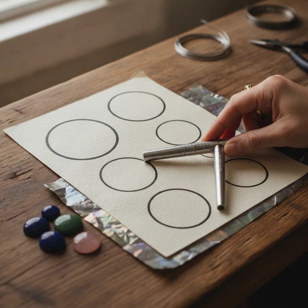 Ring mandrel and size templates on a workbench with loose cabochons