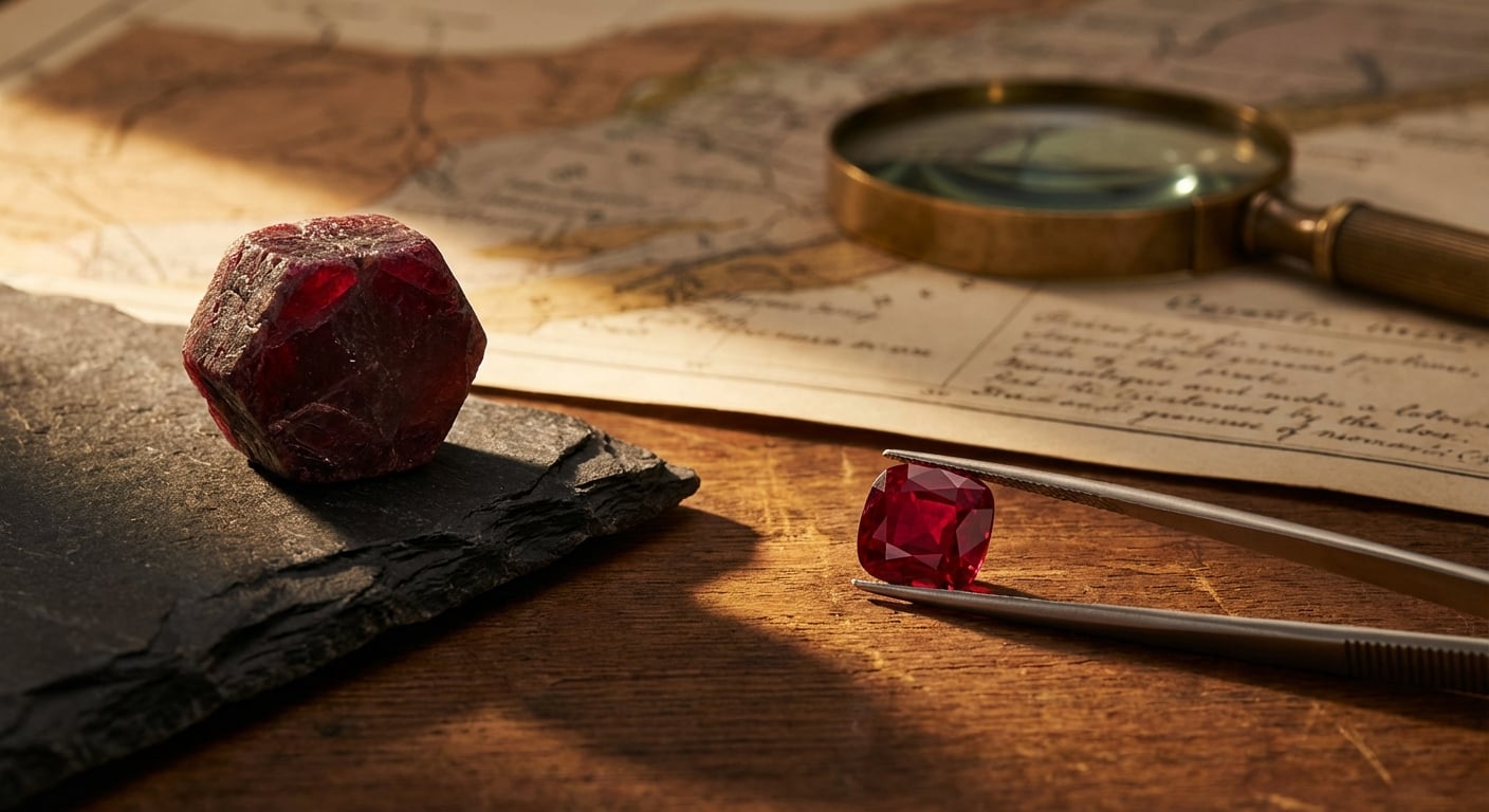 A comparison of a rough, uncut natural ruby next to a perfectly faceted Mozambique ruby, illustrating the importance of ruby origin and treatment.
