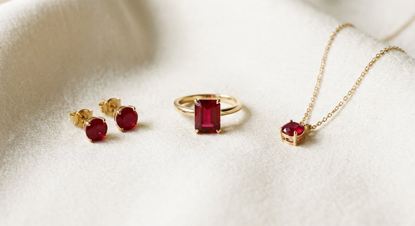 A showcase of different ruby jewellery styles, including a ruby engagement ring, ruby earrings, and a delicate ruby necklace.