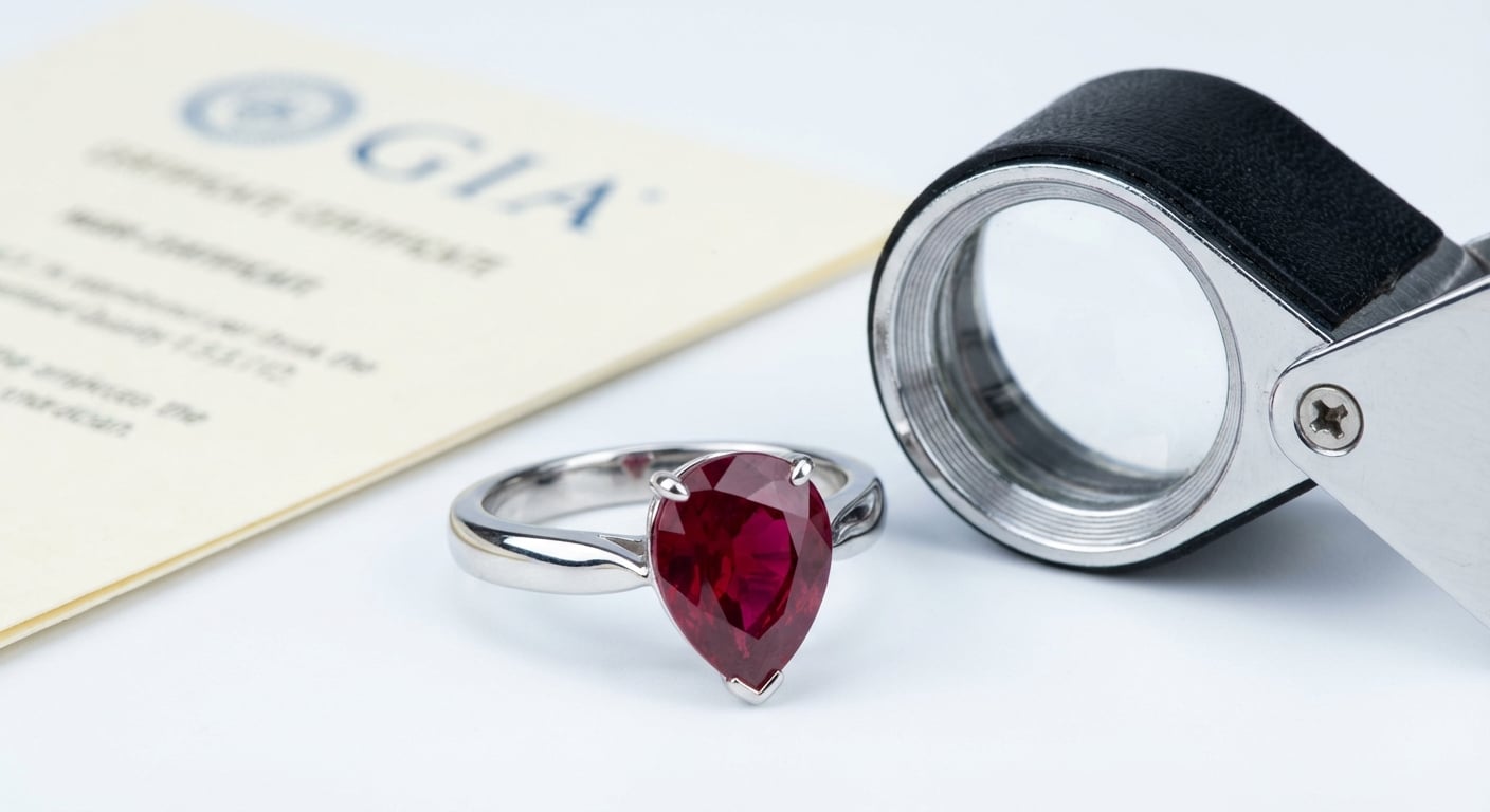 A certified ruby ring placed next to a gemological certificate and a loupe, symbolizing trust and authenticity when buying ruby jewellery online.