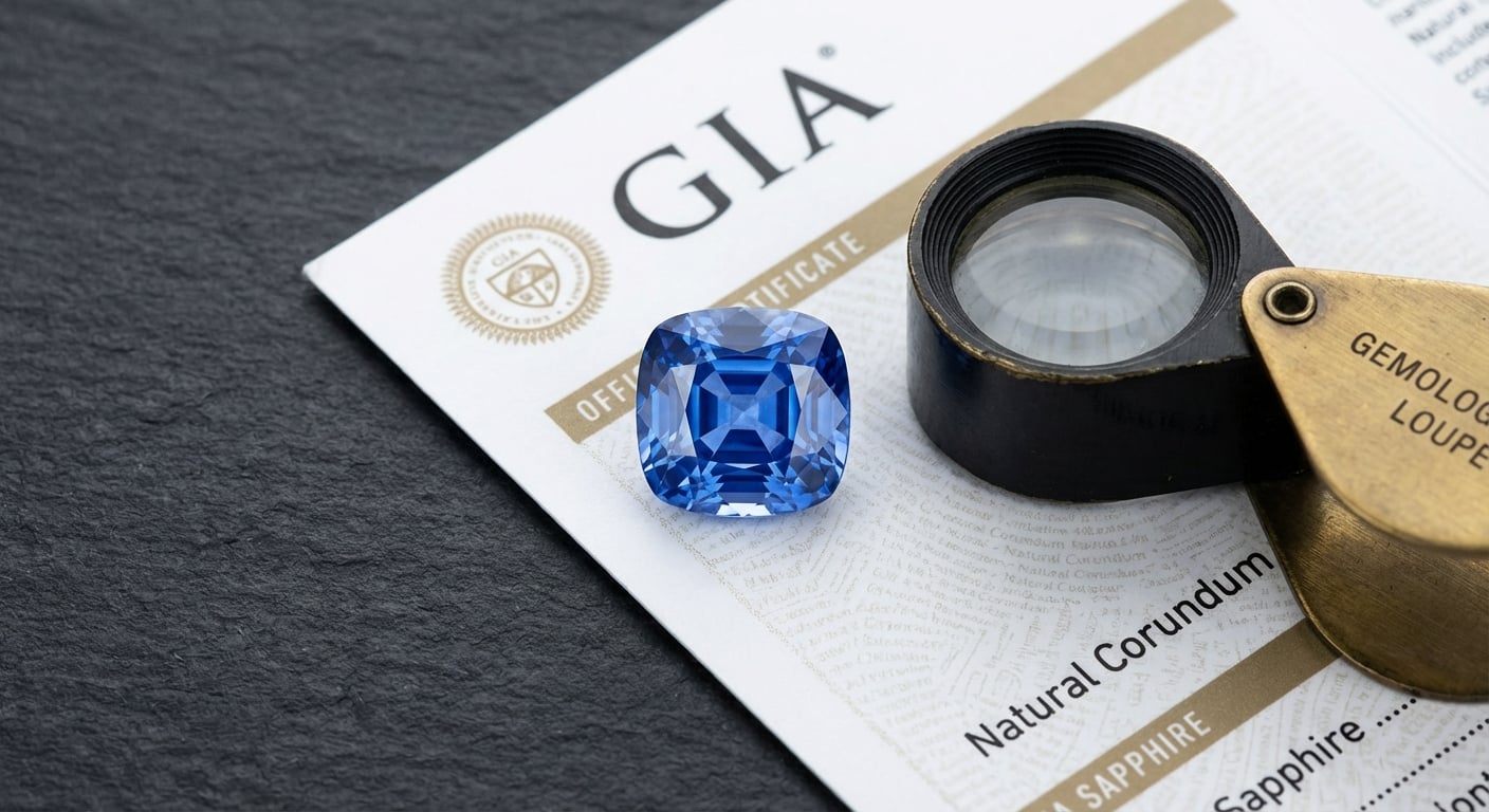A GIA certified natural sapphire gemstone resting on its official report next to a loupe, symbolizing ethical and conflict-free sapphire jewellery.