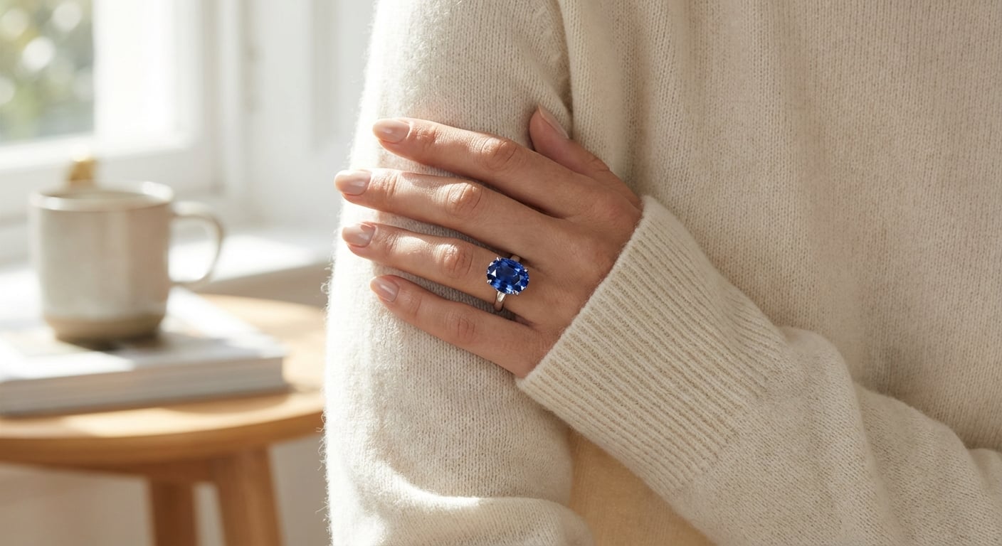 A woman's elegant hand wearing a classic oval sapphire engagement ring, showcasing the gem's durability and timeless style for everyday wear.