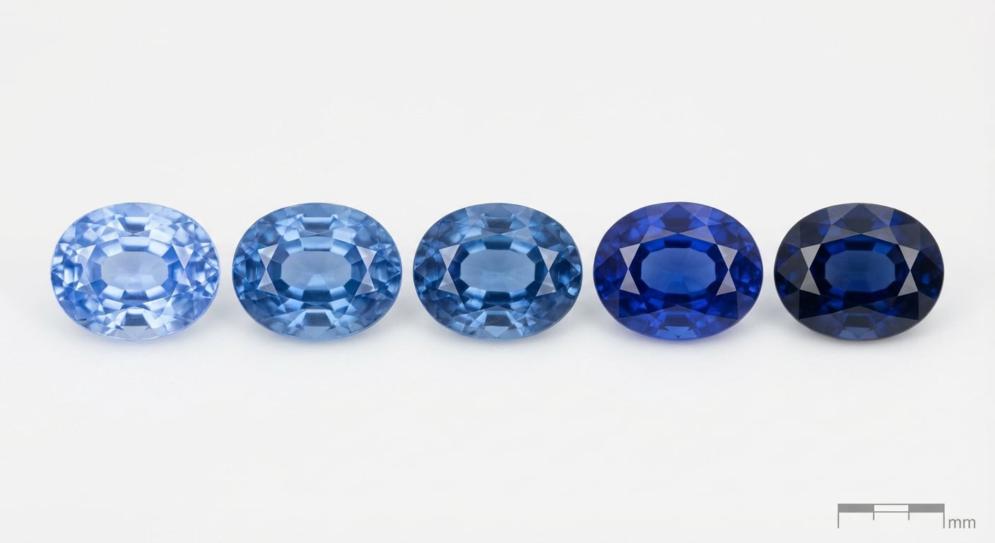 A collection of loose natural blue sapphires arranged to show the quality spectrum from light cornflower blue to deep royal blue, illustrating color grading.