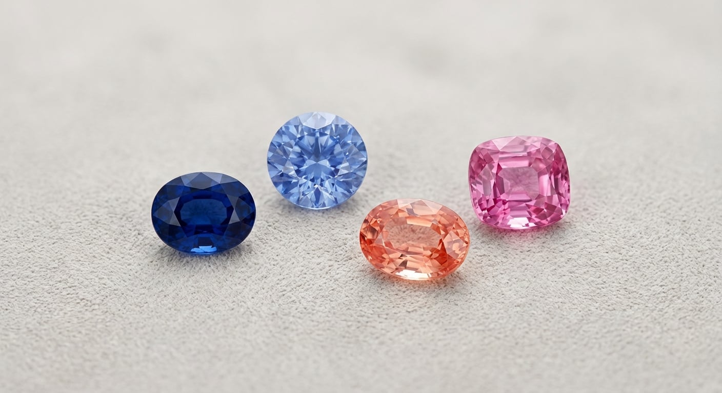 A collection of loose, high-quality sapphires in various colors including blue, pink, and Padparadscha, illustrating the importance of color in sapphire value.