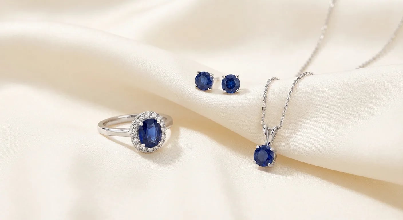 A curated collection of sapphire jewellery including an engagement ring, earrings, and a necklace set in white gold, ready for purchase.
