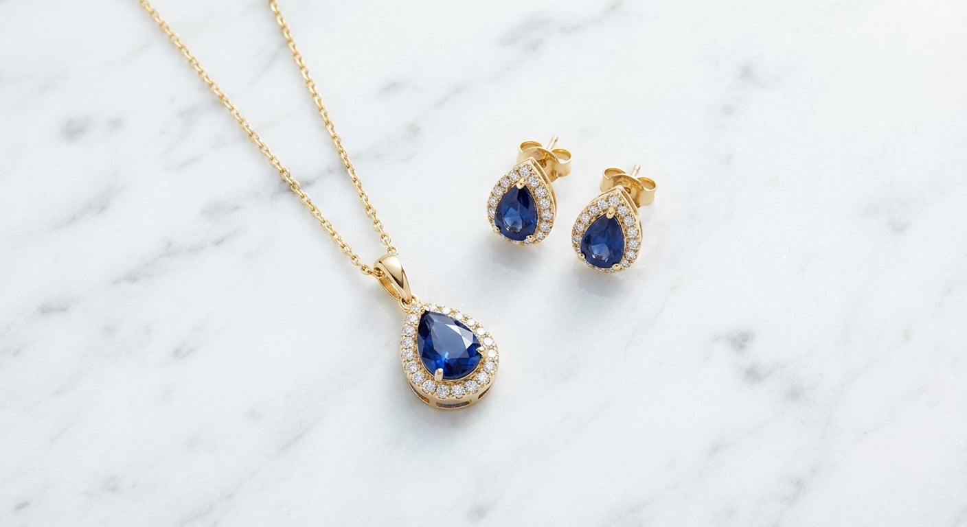 A curated sapphire jewellery set, including a pendant necklace and stud earrings, elegantly arranged on a white marble surface.