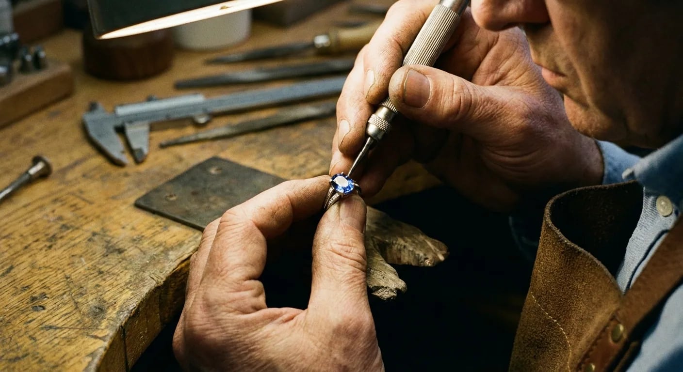 A master jeweller's hands carefully setting a brilliant blue sapphire into a custom-designed platinum ring, representing the bespoke sapphire jewellery process.