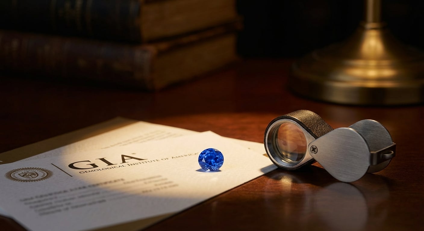 A GIA certified sapphire shown next to its official certificate and a gemologist's loupe, symbolizing authenticity and investment confidence.