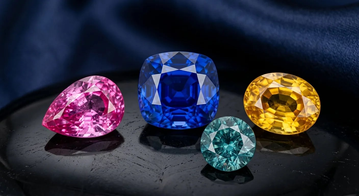 Collection of loose sapphires gemstones in blue, pink, and yellow varieties on a gemologist's sorting tray at Joalys Paris