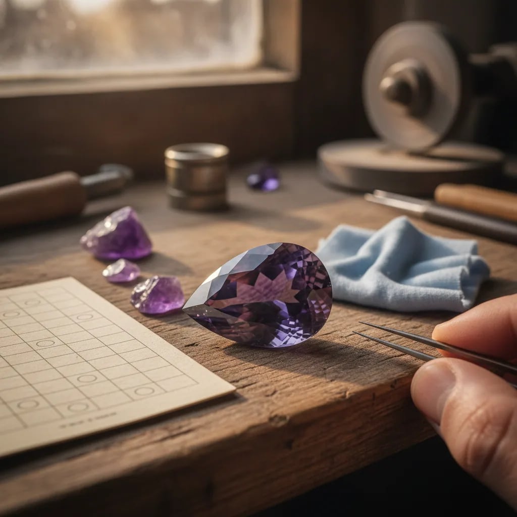 A pear-cut amethyst on a lapidary workbench beside its rough, the classic semi-precious stone up close