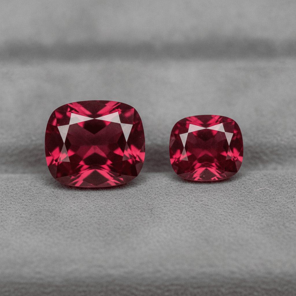 A red spinel beside a ruby of similar size and color, near indistinguishable to the eye