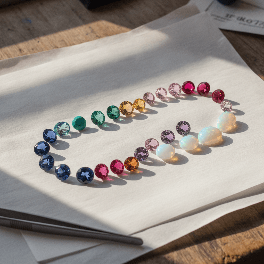 Loose cut gemstones curved in an arc on gem paper on a wooden bench, sapphires, tourmalines, garnets, amethysts and opals together