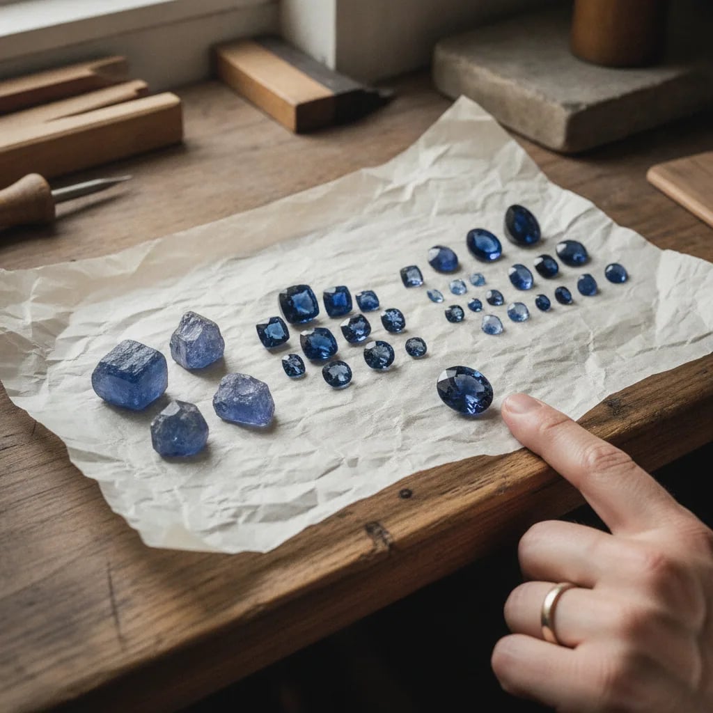 Blue sapphire rough and cut stones spread on paper