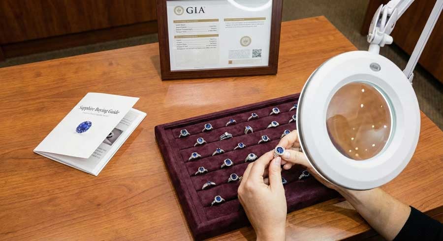 Женщина осматривает кольца с сапфирами