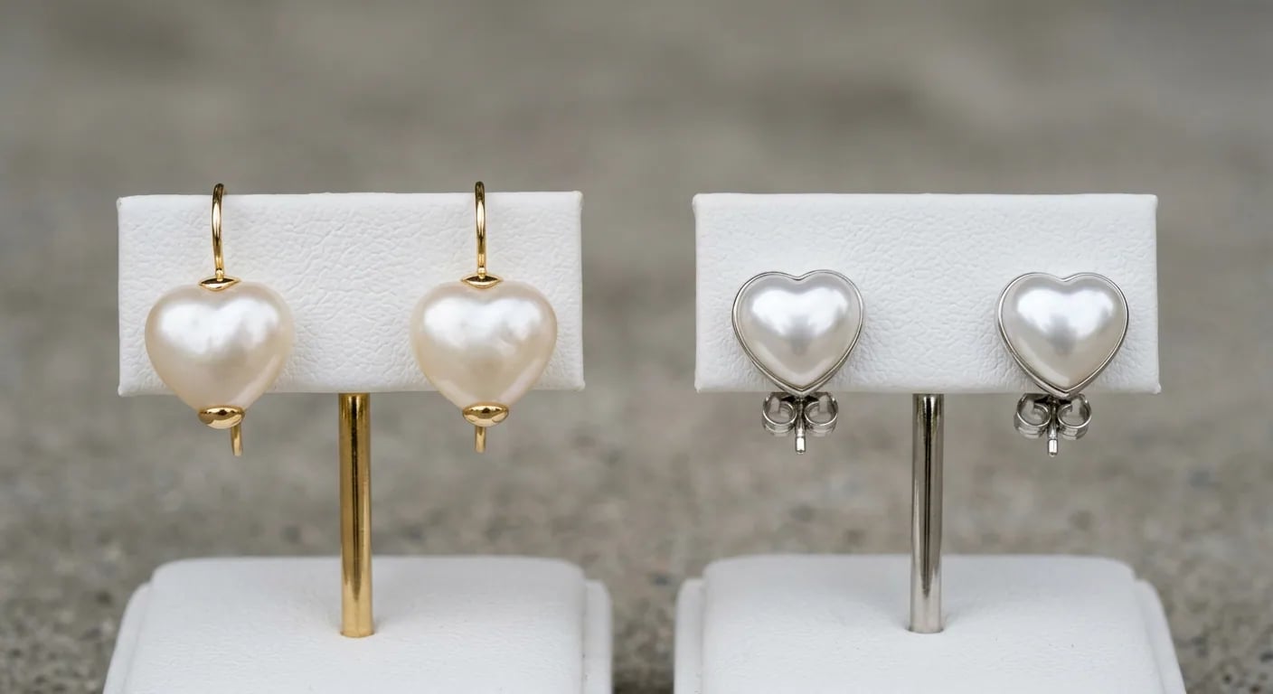 Two pairs of heart-shaped pearl earrings side-by-side, showcasing the difference between Freshwater and Akoya pearl luster.