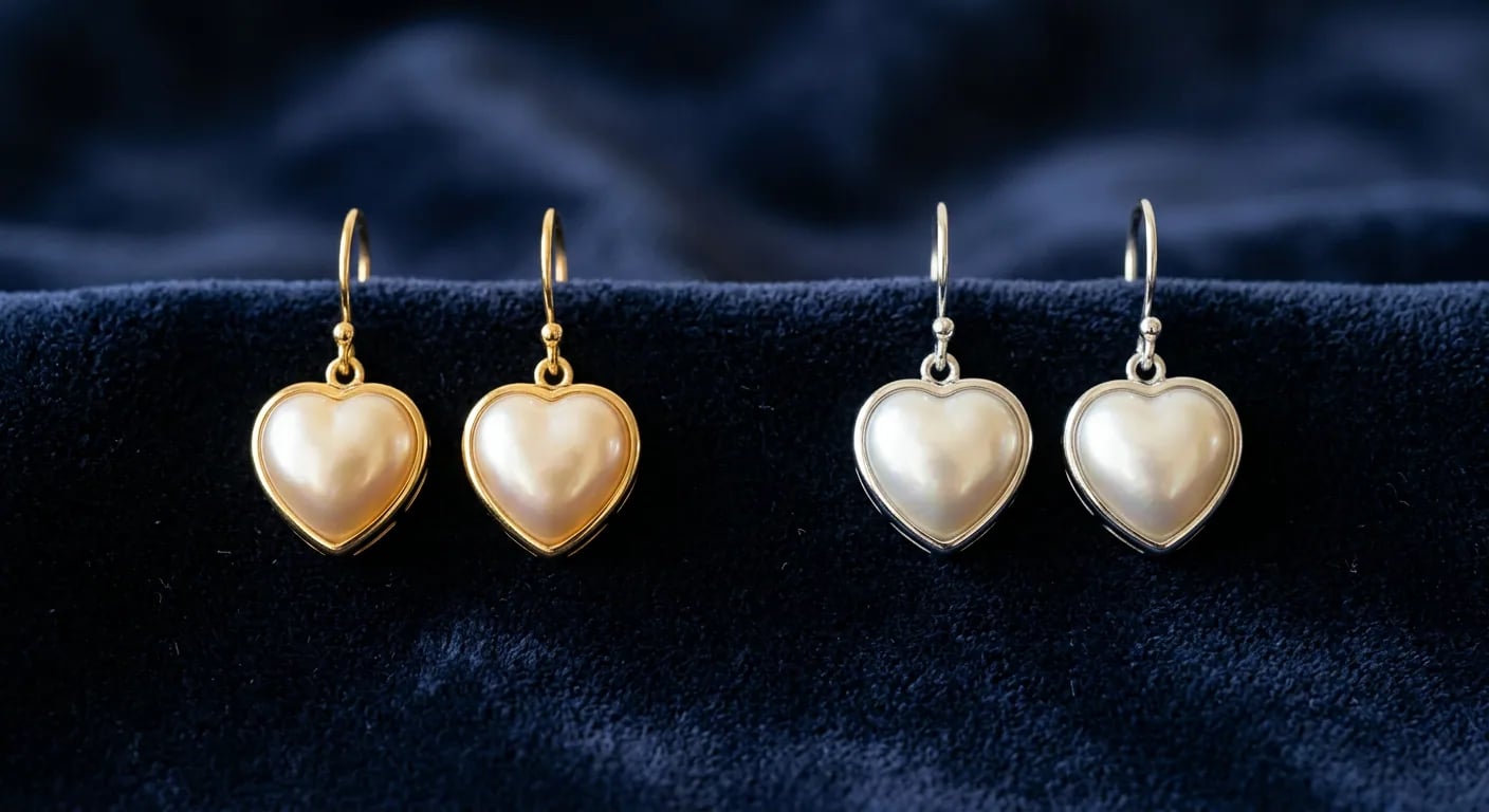 Heart-shaped pearl earrings shown in both yellow gold and sterling silver settings on a dark velvet surface.