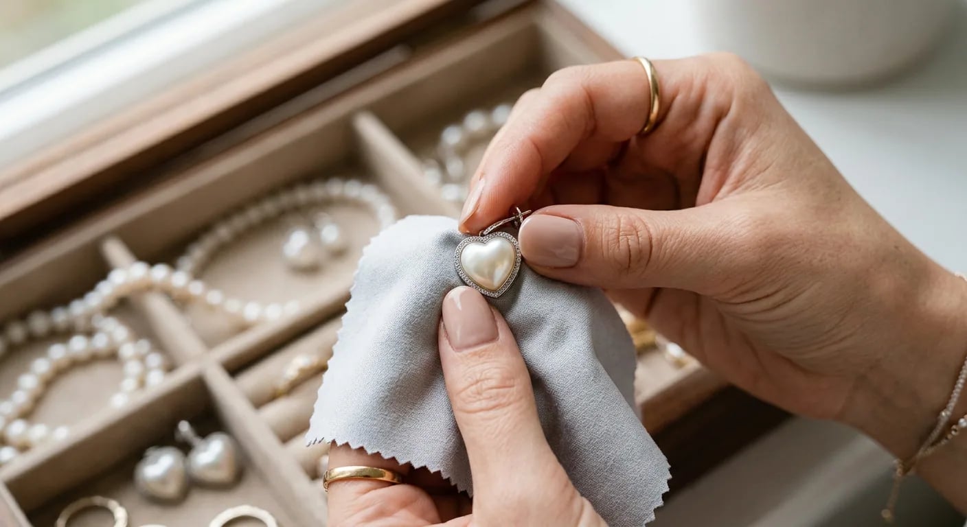 A close-up shot of a hand gently wiping a heart-shaped pearl earring with a microfiber cloth.
