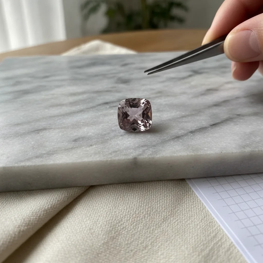 Loose mauve-lavender taaffeite gemstone, cushion cut, on a marble slab | Joalys Paris