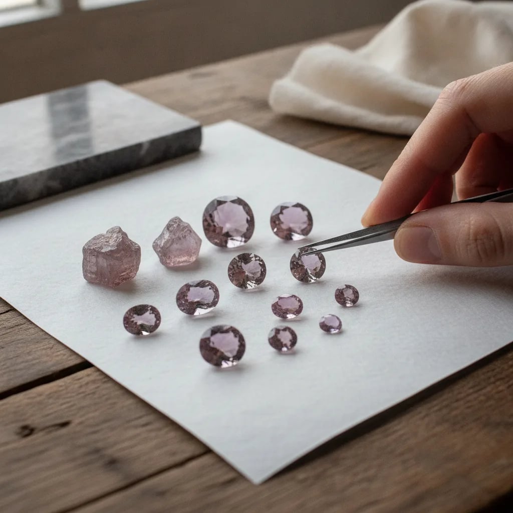 Rough and faceted mauve-lavender taaffeite on parcel paper