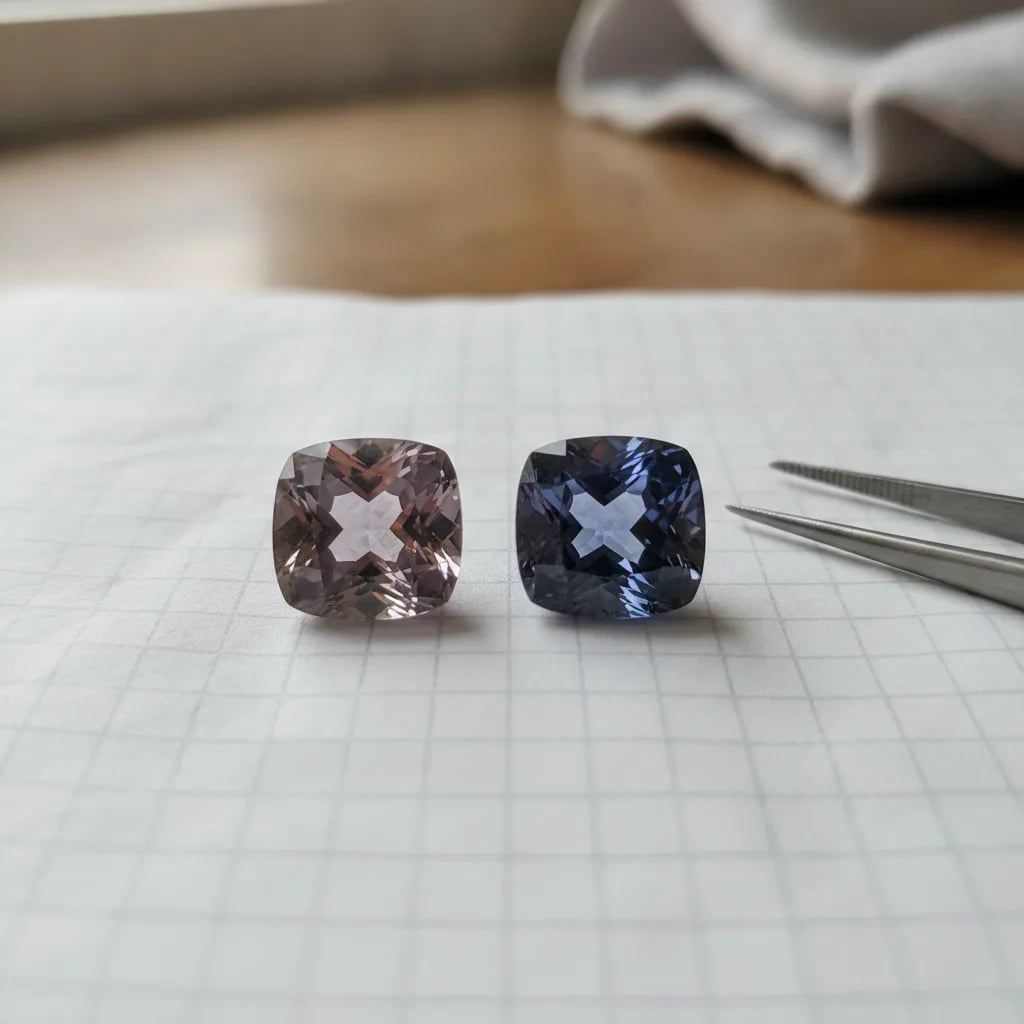 A mauve-lavender taaffeite side by side with a violet-blue spinel of equal size on graph paper
