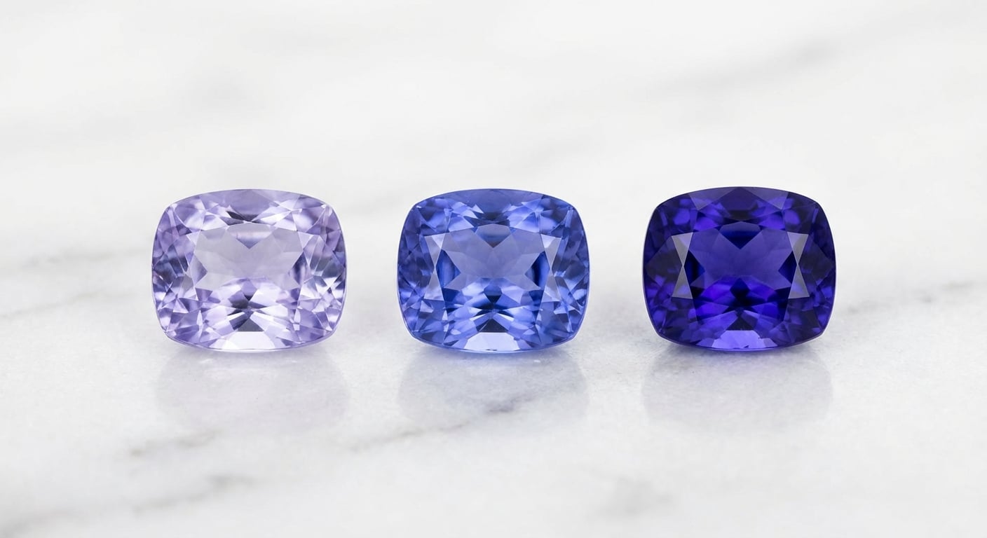 Three tanzanite gemstones lined up showing the difference in color quality, from light violet to deep, saturated violet-blue, illustrating the tanzanite quality guide.