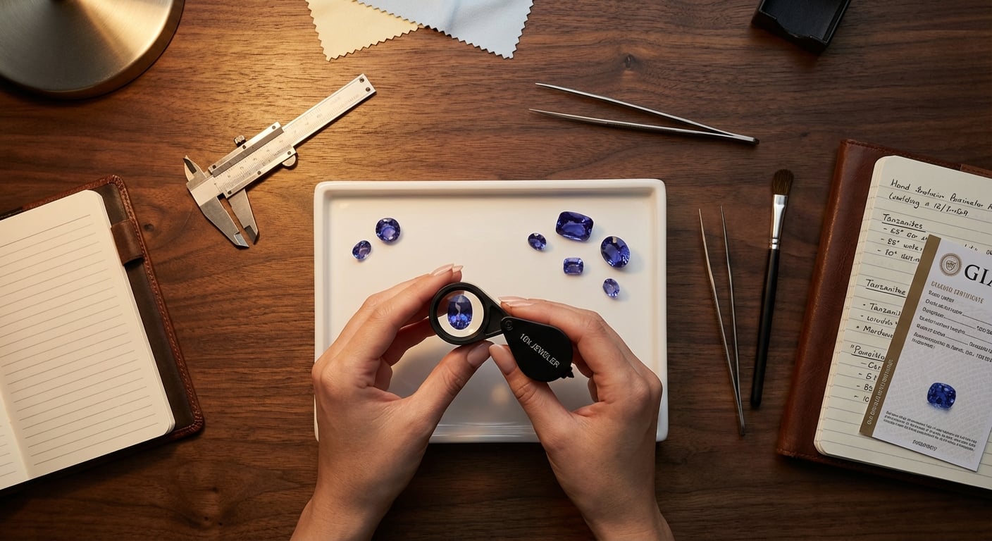 A gemologist's hands using a loupe to inspect a tanzanite gemstone, representing the expertise needed to understand tanzanite price per carat and AAAA grades.