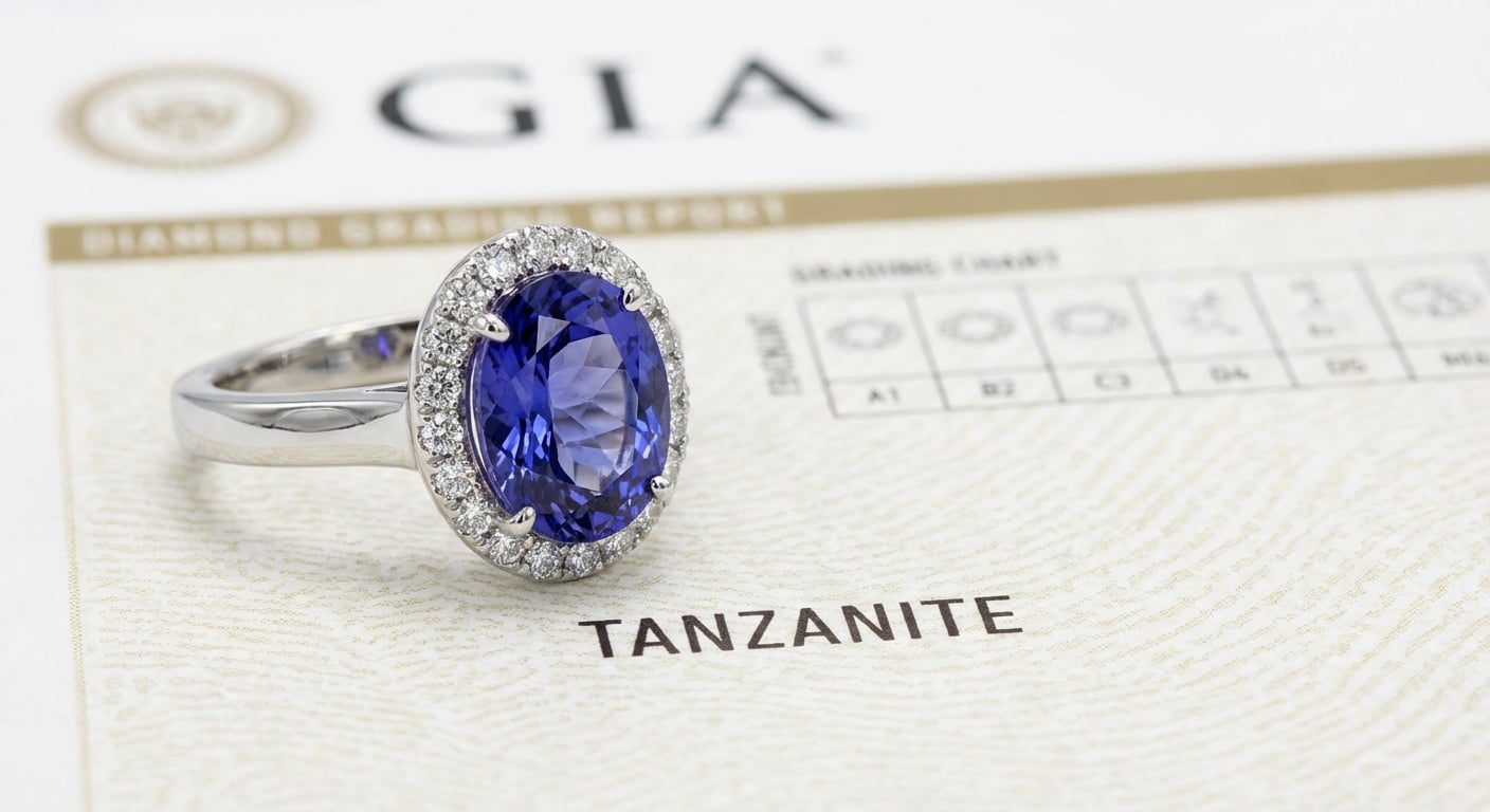 A stunning tanzanite and diamond ring placed next to its official GIA gemological certificate, emphasizing the importance of buying certified tanzanite.