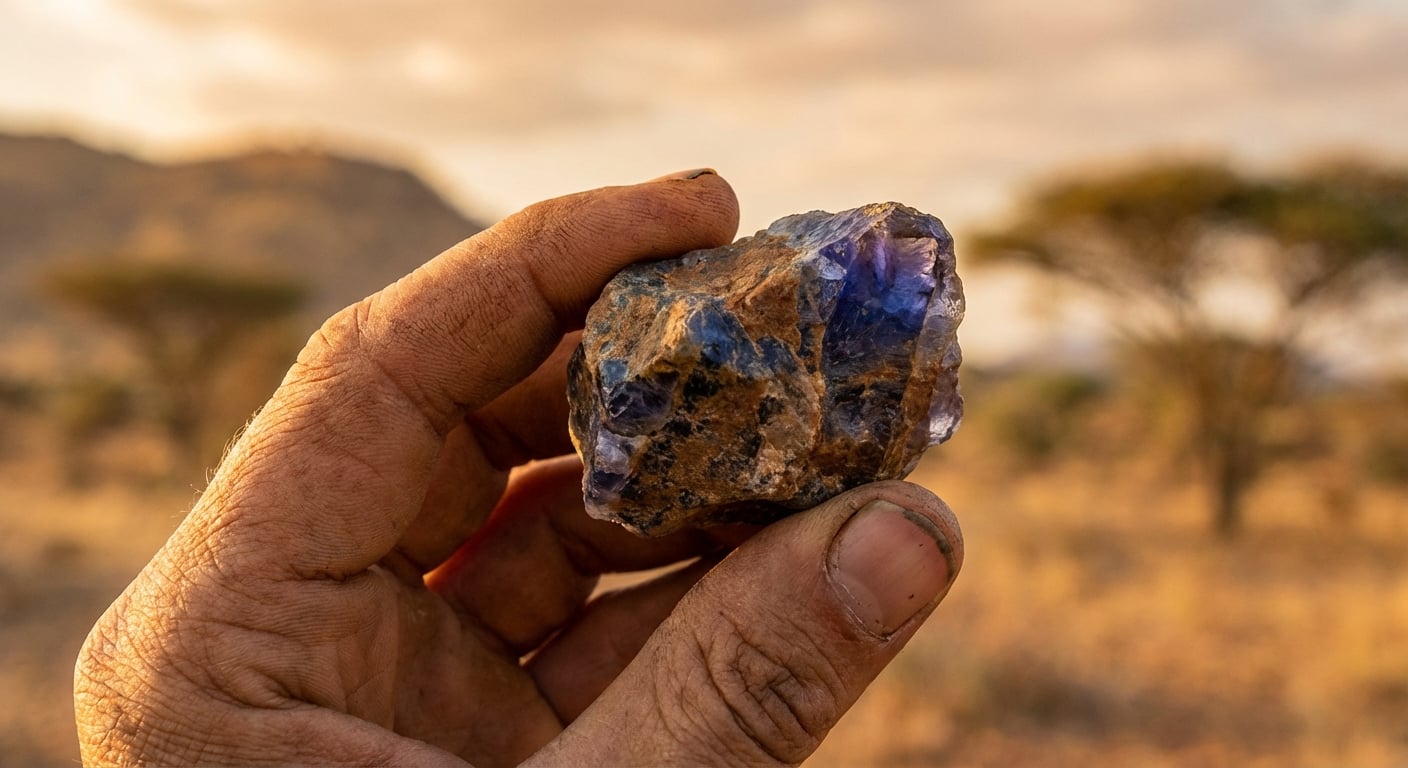 A hand holding a rough, unheated tanzanite crystal, showing the natural stone before treatment and connecting it to its single source in the Merelani Hills, Tanzania.