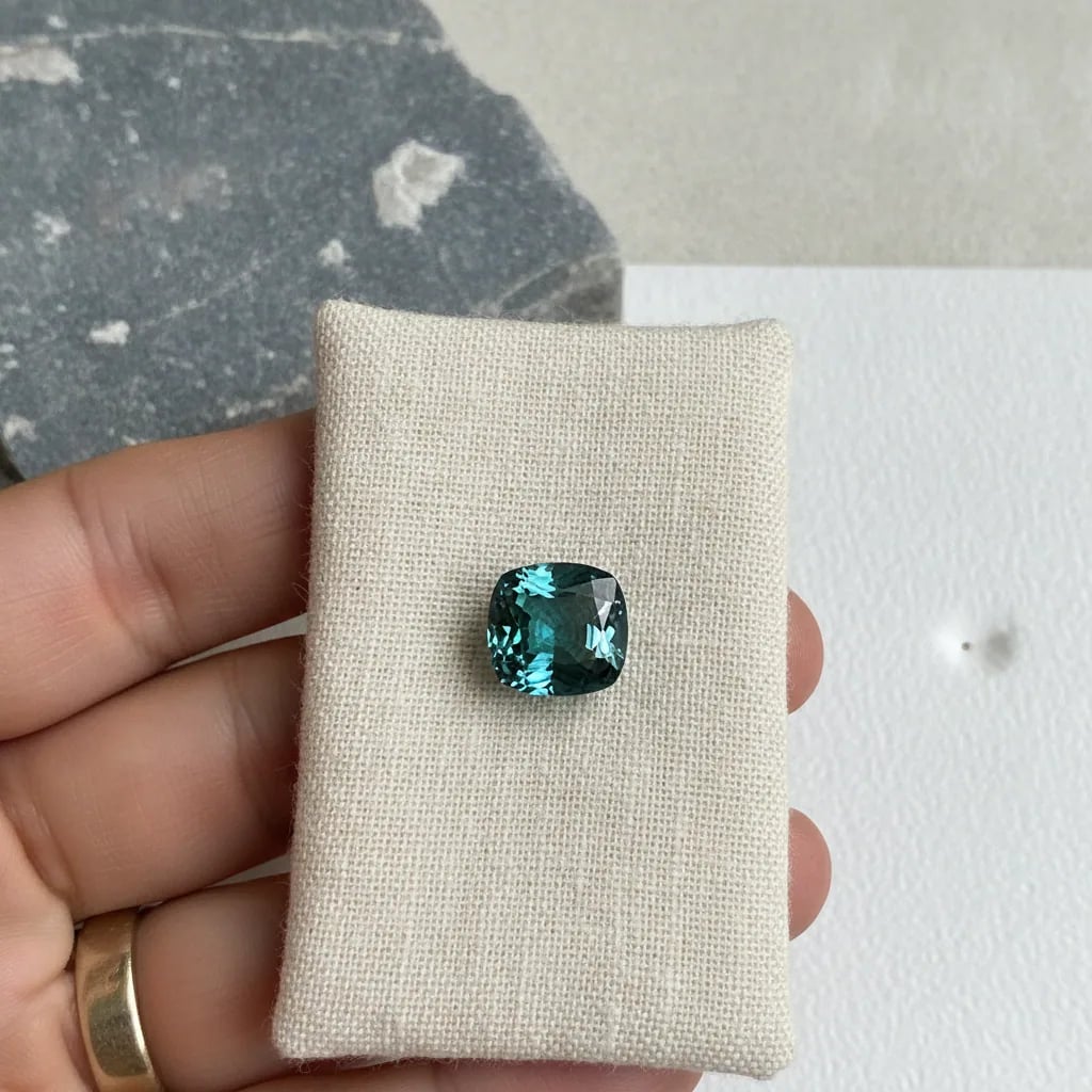 A teal sapphire cushion held on a linen pouch, blue-green colour in natural light