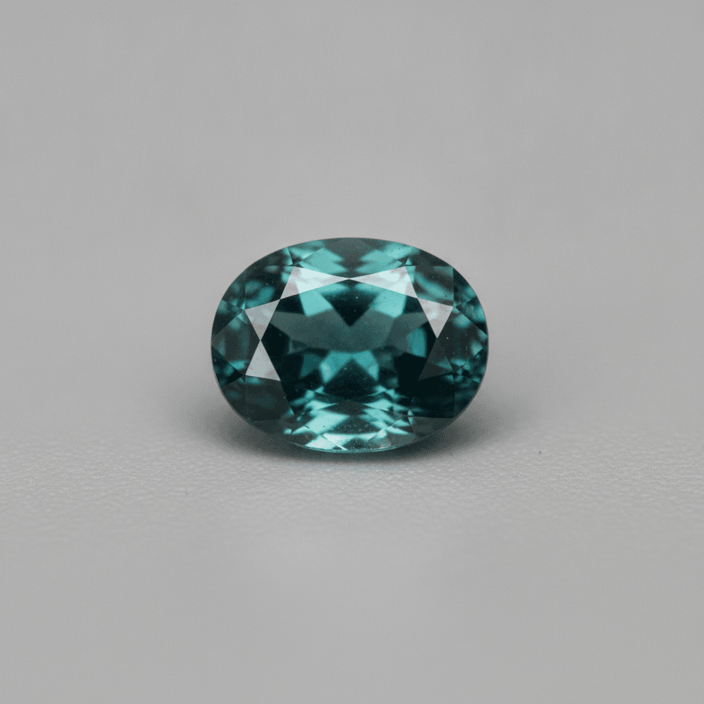 Macro d'un saphir teal taillé à facettes montrant une couleur bleu-vert équilibrée, façon océan, sur fond neutre