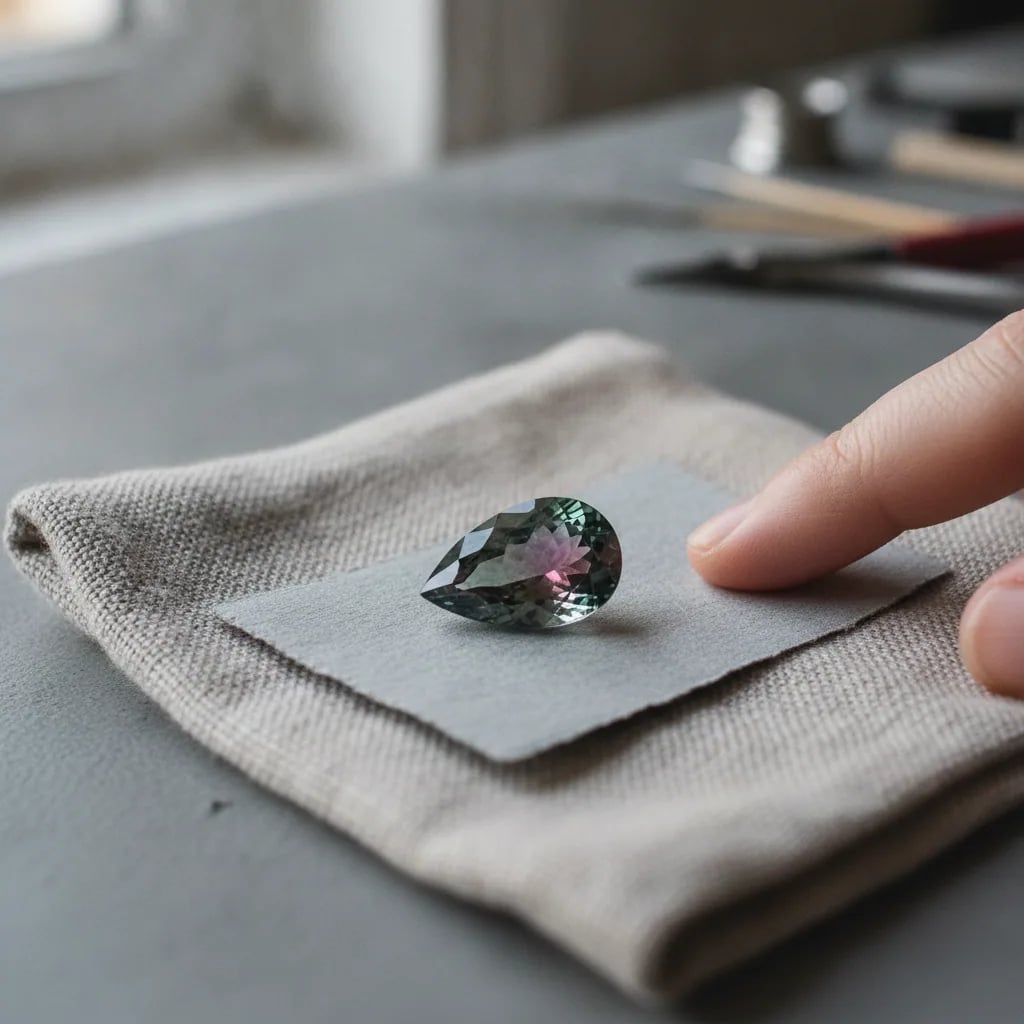 A bicolour pear-cut tourmaline on a suede pad, held at the workbench