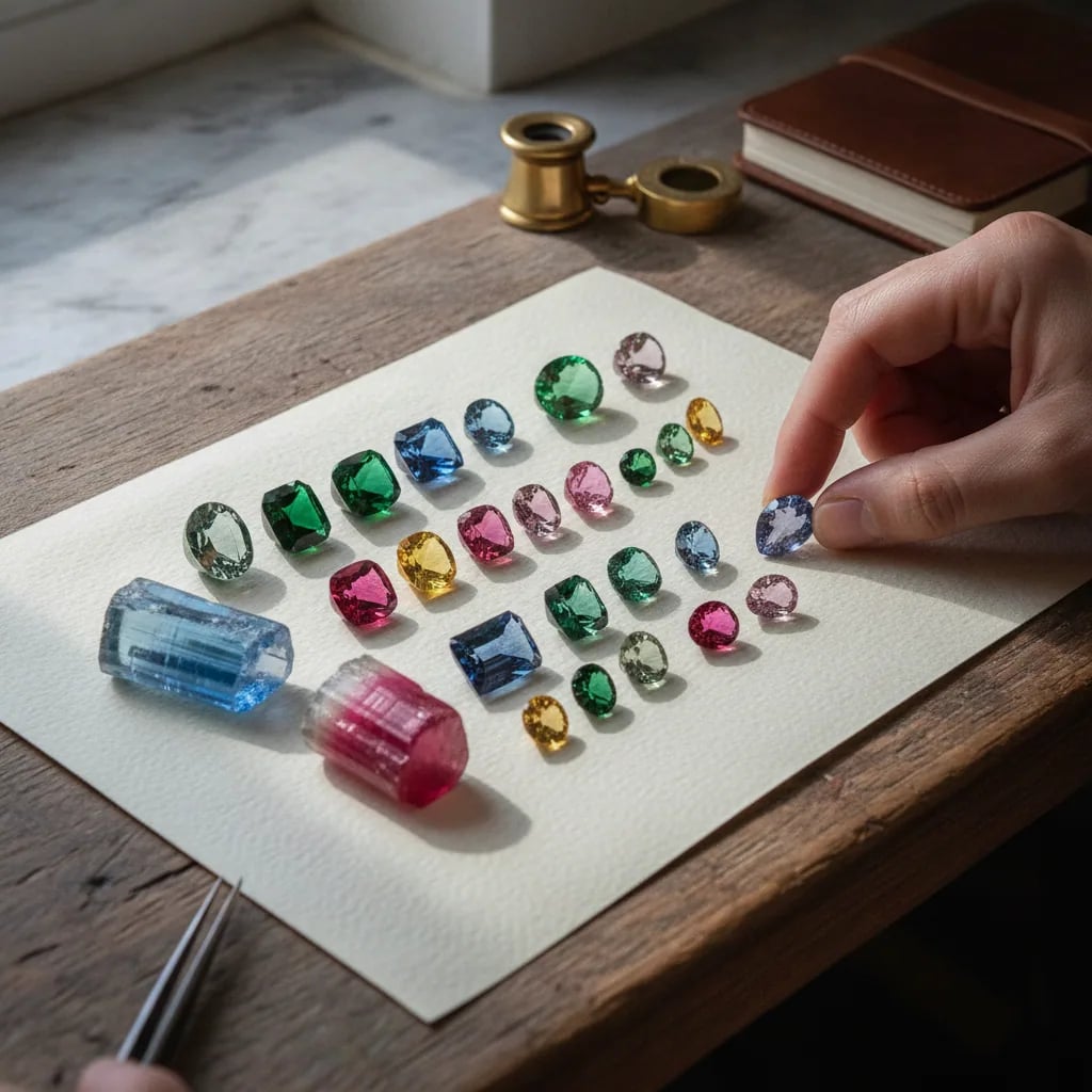 Tourmaline colour range with rough pencil crystals, blue and pink