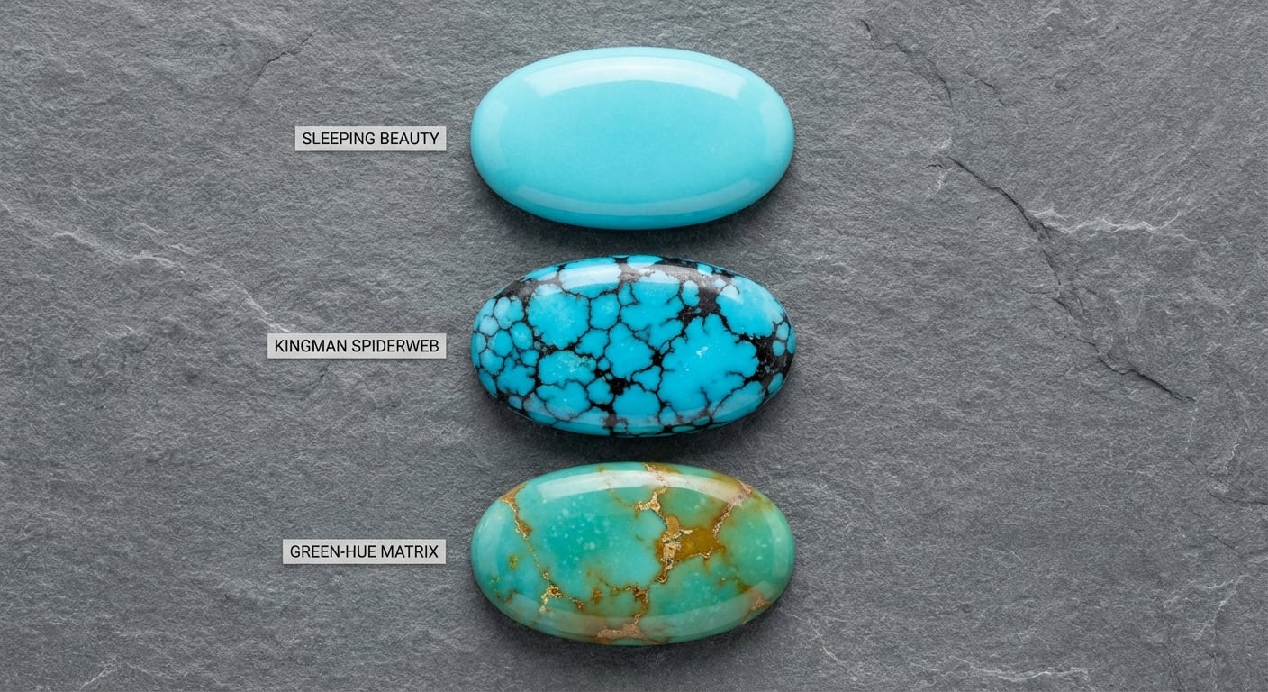 A close-up of different turquoise color grades and matrix patterns, from robin's egg blue to spiderweb turquoise, illustrating gemstone quality.